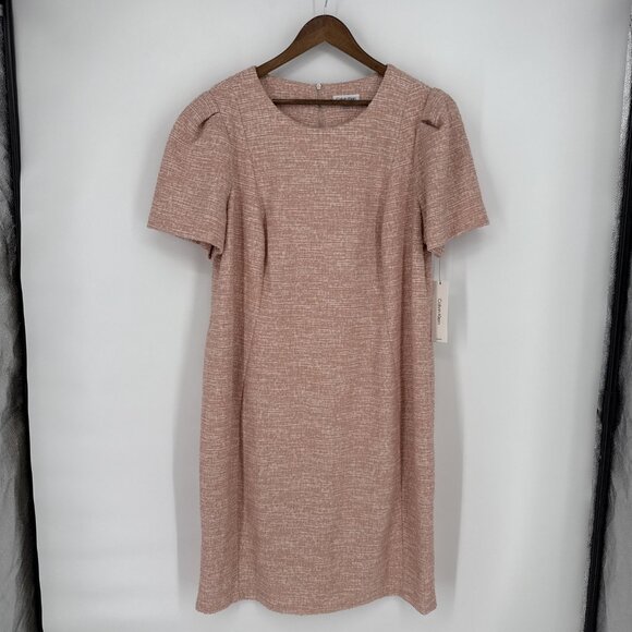 New Calvin Klein Plays Size 20 W Pink Tweed Puff Sleeve Sheath Dress Work Career - Picture 2 of 10